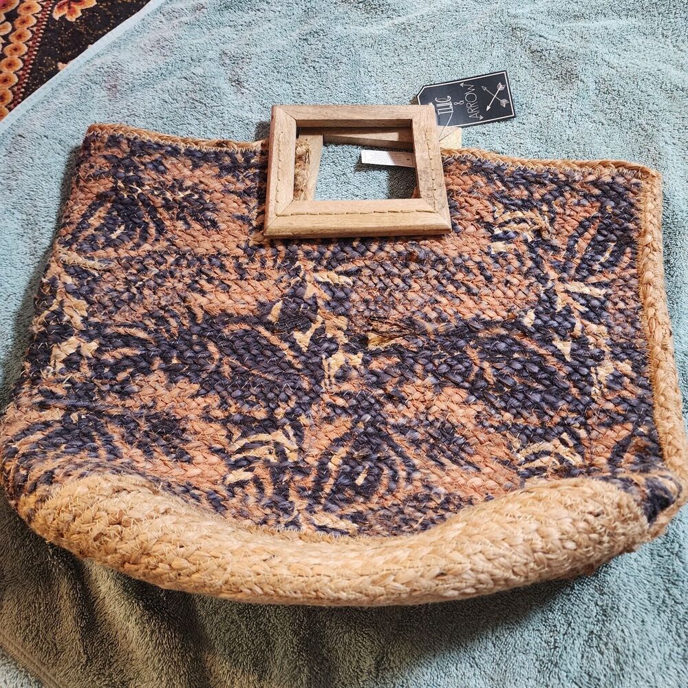 Twig & ArrowTote Bag Jute Floral Wood Woven Boho Beach Travel Vacation